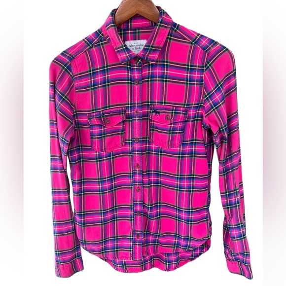 Abercrombie & Fitch Women’s Pink Plaid Flannel Long Sleeve Button Down Shirt S - Picture 3 of 12